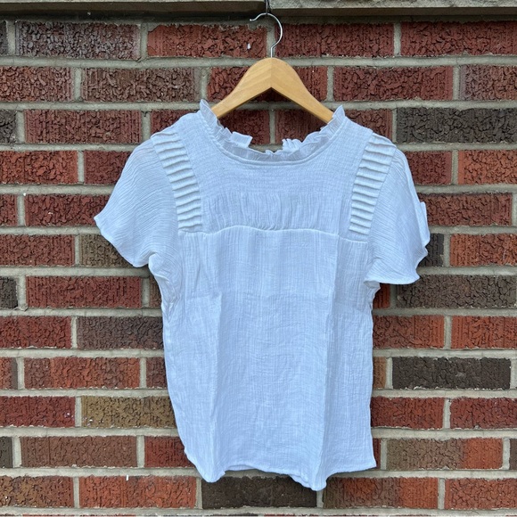 Nanette Lepore Tops - Nanette Lepore White Mock Neck Ruffle Front Short Sleeve Blouse Top